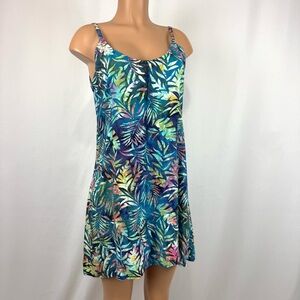 Rum Reggae Short Tropical Hawaiian Sundress XS Blue Palm Leaf Print 100% Rayon
